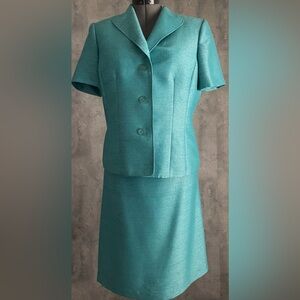 Kasper 2pc Business Career Turquoise Blue Short Sleeve Jacket Skirt Suit Sz 14